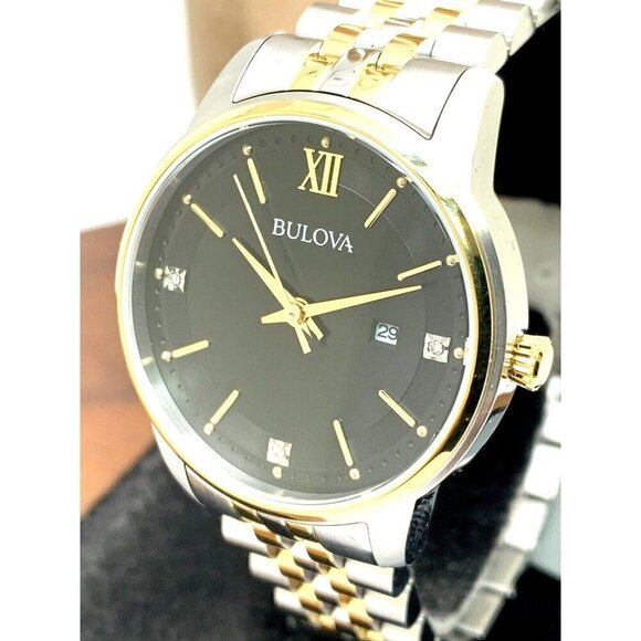 Bulova Women's Watch 98P198 Black Dial Diamond Quartz Two Tone Jubilee S…